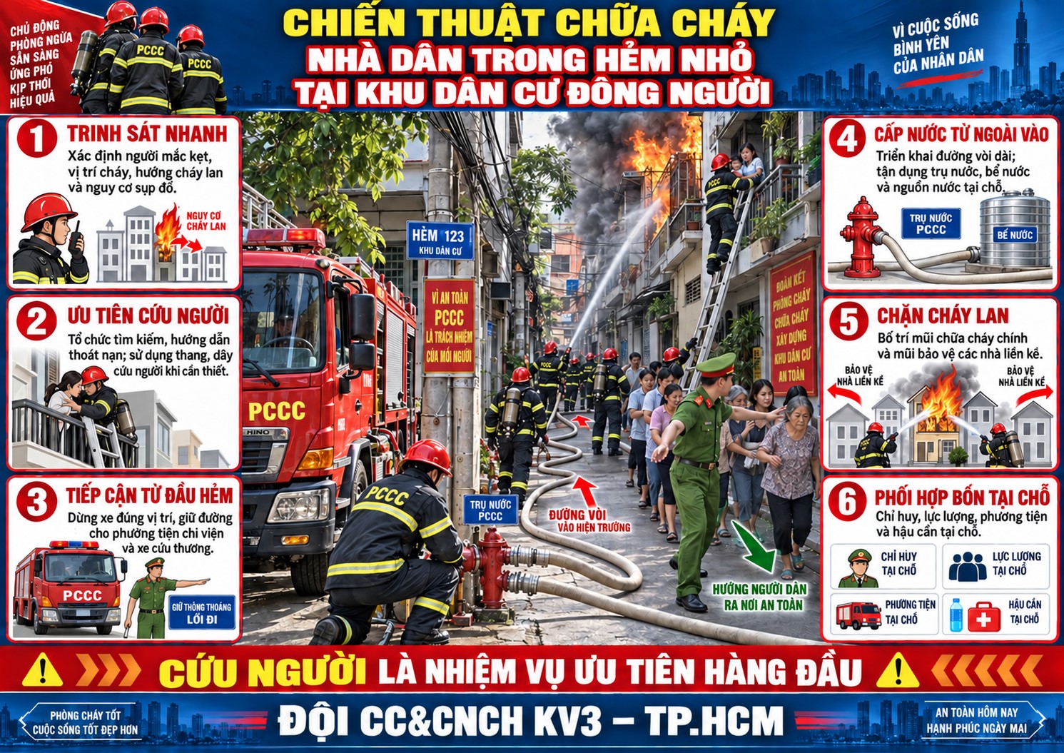 Chiến thuật chữa cháy nhà dân tại hẻm nhỏ trong khu dân cư đông người